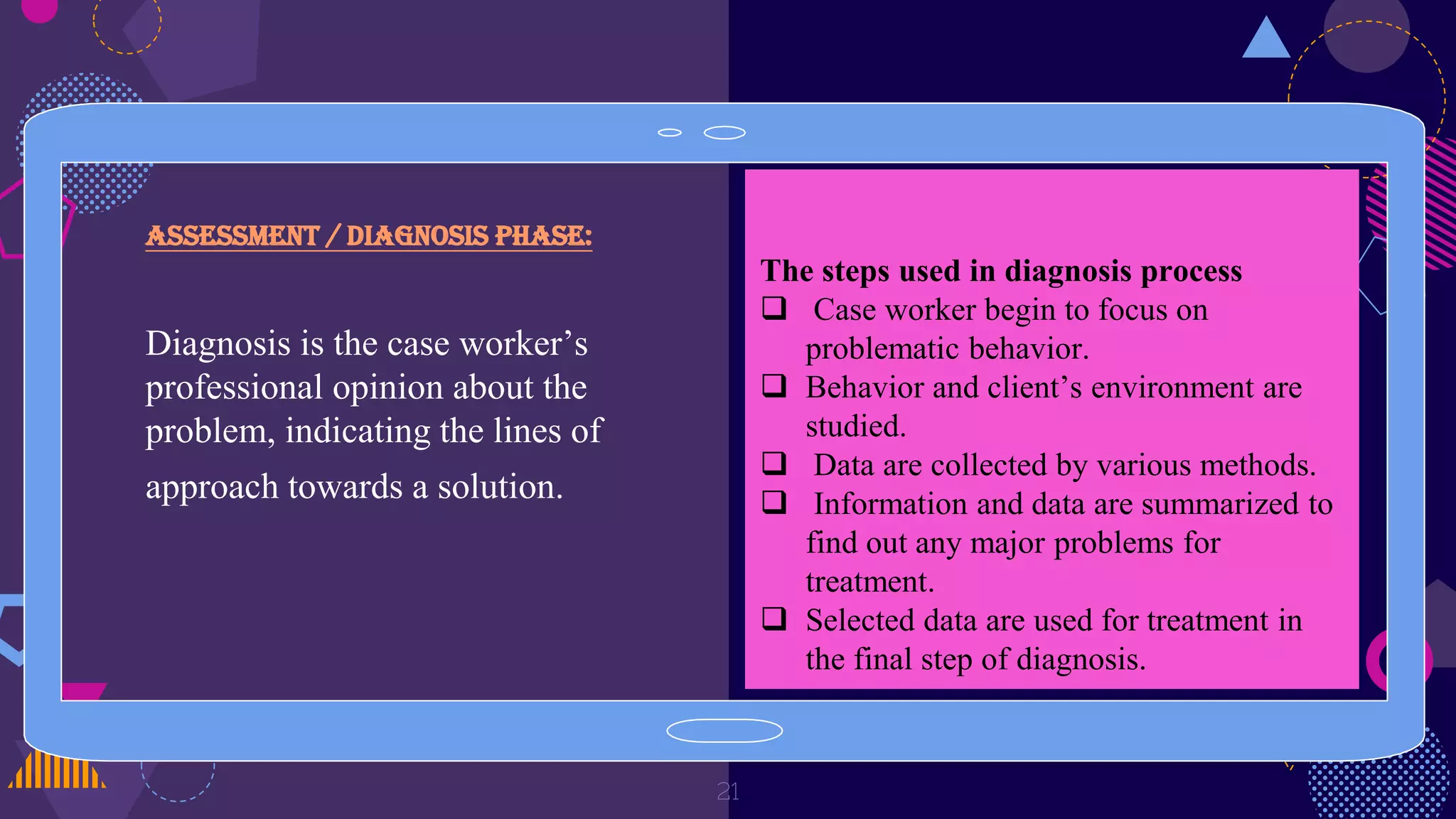 Assessment / diagnosis phase:
Diagnosis is the case worker’s
professional opinion about the
problem, indicating the lines of
approach towards a solution.
21
The steps used in diagnosis process
 Case worker begin to focus on
problematic behavior.
 Behavior and client’s environment are
studied.
 Data are collected by various methods.
 Information and data are summarized to
find out any major problems for
treatment.
 Selected data are used for treatment in
the final step of diagnosis.
 