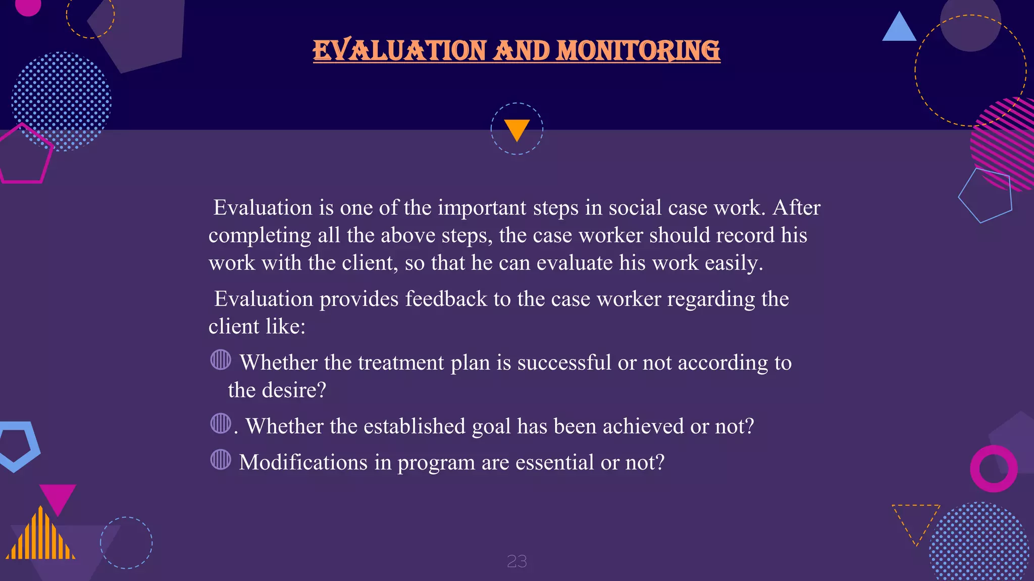 Evaluation and monitoring
Evaluation is one of the important steps in social case work. After
completing all the above steps, the case worker should record his
work with the client, so that he can evaluate his work easily.
Evaluation provides feedback to the case worker regarding the
client like:
◍ Whether the treatment plan is successful or not according to
the desire?
◍. Whether the established goal has been achieved or not?
◍ Modifications in program are essential or not?
23
 