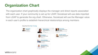 Organization Chart
The organization chart graphically displays the manager and direct reports associated
with each user. If your community is set up for LDAP, Socialcast will use data imported
from LDAP to generate the org chart. Otherwise, Socialcast will use the Manager value
in each user’s profile to establish hierarchical relationships among members.
 