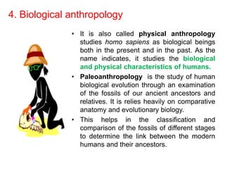 4. Biological anthropology
• It is also called physical anthropology
studies homo sapiens as biological beings
both in the present and in the past. As the
name indicates, it studies the biological
and physical characteristics of humans.
• Paleoanthropology is the study of human
biological evolution through an examination
of the fossils of our ancient ancestors and
relatives. It is relies heavily on comparative
anatomy and evolutionary biology.
• This helps in the classification and
comparison of the fossils of different stages
to determine the link between the modern
humans and their ancestors.
 