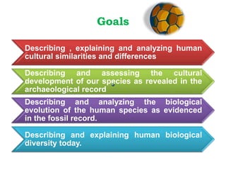 Goals
Describing , explaining and analyzing human
cultural similarities and differences
Describing and assessing the cultural
development of our species as revealed in the
archaeological record
Describing and analyzing the biological
evolution of the human species as evidenced
in the fossil record.
Describing and explaining human biological
diversity today.
 