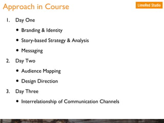 Approach in Course
1.

Day One

• Branding & Identity
• Story-based Strategy & Analysis
• Messaging
2.

Day Two

• Audience Mapping
• Design Direction
3.

Day Three

• Interrelationship of Communication Channels

 