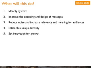 What will this do?
1.

Identify systems

2.

Improve the encoding and design of messages

3.

Reduce noise and increase relevancy and meaning for audiences

4.

Establish a unique Identity

5.

Set innovation for growth

 