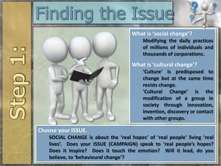 What is ‘social change’?
Modifying the daily practices
of millions of individuals and
thousands of corporations.
What is ‘cultural change’?
‘Culture’ is predisposed to
change but at the same time
resists change.
‘Cultural Change’ is the
modification of a group in
society through innovation,
invention, discovery or contact
with other groups.
Choose your ISSUE.
SOCIAL CHANGE is about the ‘real hopes’ of ‘real people’ living ‘real
lives’. Does your ISSUE (CAMPAIGN) speak to ‘real people’s hopes?
Does it inspire? Does it touch the emotion? Will it lead, do you
believe, to ‘behavioural change’?
 