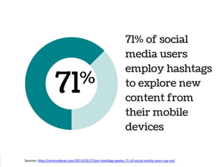 Sources: http://venturebeat.com/2013/03/27/are-hashtags-geeky-71-of-social-media-users-say-no/
 