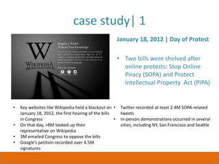 case study| 1
January 18, 2012 | Day of Protest
• Two bills were shelved after
online protests: Stop Online
Piracy (SOPA) and Protect
Intellectual Property Act (PIPA)
• Key websites like Wikipedia held a blackout on
January 18, 2012, the first hearing of the bills
in Congress
• On that day, >8M looked up their
representative on Wikipedia
• 3M emailed Congress to oppose the bills
• Google’s petition recorded over 4.5M
signatures
• Twitter recorded at least 2.4M SOPA-related
tweets
• In-person demonstrations occurred in several
cities, including NY, San Francisco and Seattle
 