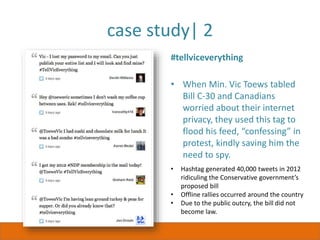 case study| 2
#tellviceverything
• When Min. Vic Toews tabled
Bill C-30 and Canadians
worried about their internet
privacy, they used this tag to
flood his feed, “confessing” in
protest, kindly saving him the
need to spy.
• Hashtag generated 40,000 tweets in 2012
ridiculing the Conservative government’s
proposed bill
• Offline rallies occurred around the country
• Due to the public outcry, the bill did not
become law.
 