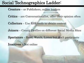 Social Technographics Ladder:
  Creators – or Publishers, online leaders

  Critics – are Conversationalist, offer their opinion often

  Collectors – Use RSS feeds to obtain content

  Joiners – Create Profiles on different Social Media Sites

  Spectators – Read, Watch, Listen but don’t participate

  Inactives – Not online
 