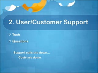 2. User/Customer Support
 Tech

 Questions


 Support calls are down…
    Costs are down
 