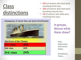 • 45% of women who died were
Class            travelling third class.
               • 16% of women who died were

distinctions     travelling second class.
               • 3% of women who died were
                 travelling first class.


                           In groups,
                           discuss what
                           these show?

                               Class
                               distinctions
                               still survive
                               today...

                               Aeroplanes,
                               Trains...
 