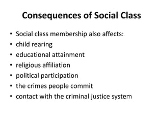 Consequences of Social Class
• Social class membership also affects:
• child rearing
• educational attainment
• religious affiliation
• political participation
• the crimes people commit
• contact with the criminal justice system
 