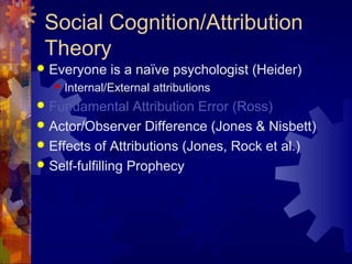 Social Cognition/Attribution
Theory
 Everyone is a naïve psychologist (Heider)
 Internal/External attributions
 Fundamental Attribution Error (Ross)
 Actor/Observer Difference (Jones & Nisbett)
 Effects of Attributions (Jones, Rock et al.)
 Self-fulfilling Prophecy
 