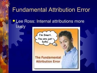 Fundamental Attribution Error
 Lee Ross: Internal attributions more
likely
 