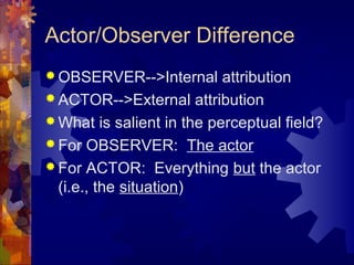 Actor/Observer Difference
 OBSERVER-->Internal attribution
 ACTOR-->External attribution
 What is salient in the perceptual field?
 For OBSERVER: The actor
 For ACTOR: Everything but the actor
(i.e., the situation)
 