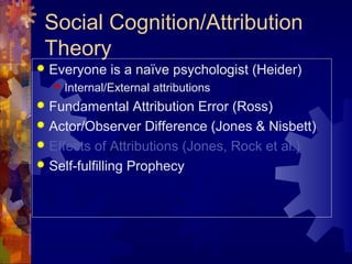 Social Cognition/Attribution
Theory
 Everyone is a naïve psychologist (Heider)
 Internal/External attributions
 Fundamental Attribution Error (Ross)
 Actor/Observer Difference (Jones & Nisbett)
 Effects of Attributions (Jones, Rock et al.)
 Self-fulfilling Prophecy
 