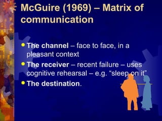 McGuire (1969) – Matrix of
communication
 The channel – face to face, in a
pleasant context
 The receiver – recent failure – uses
cognitive rehearsal – e.g. “sleep on it”
 The destination.
 