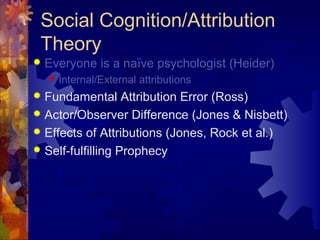 Social Cognition/Attribution
Theory
 Everyone is a naïve psychologist (Heider)
 Internal/External attributions
 Fundamental Attribution Error (Ross)
 Actor/Observer Difference (Jones & Nisbett)
 Effects of Attributions (Jones, Rock et al.)
 Self-fulfilling Prophecy
 