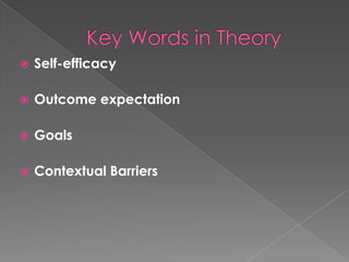    Self-efficacy

   Outcome expectation

   Goals

   Contextual Barriers
 