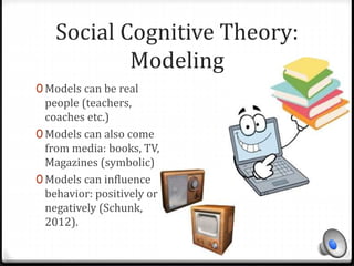 Social Cognitive Theory: 
Modeling 
0 Models can be real 
people (teachers, 
coaches etc.) 
0 Models can also come 
from media: books, TV, 
Magazines (symbolic) 
0 Models can influence 
behavior: positively or 
negatively (Schunk, 
2012). 
 