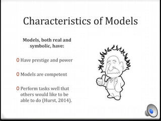 Characteristics of Models 
Models, both real and 
symbolic, have: 
0 Have prestige and power 
0 Models are competent 
0 Perform tasks well that 
others would like to be 
able to do (Hurst, 2014). 
 