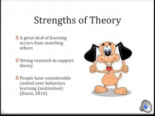 Strengths of Theory 
0 A great deal of learning 
occurs from watching 
others 
0 Strong research to support 
theory 
0 People have considerable 
control over behaviors 
learning (motivation) 
(Hurst, 2014) 
 
