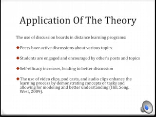 Application Of The Theory 
The use of discussion boards in distance learning programs: 
Peers have active discussions about various topics 
Students are engaged and encouraged by other’s posts and topics 
Self-efficacy increases, leading to better discussion 
The use of video clips, pod casts, and audio clips enhance the 
learning process by demonstrating concepts or tasks and 
allowing for modeling and better understanding (Hill, Song, 
West, 2009). 
 
