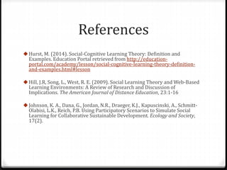 References 
Hurst, M. (2014). Social-Cognitive Learning Theory: Definition and 
Examples. Education Portal retrieved from http://education-portal. 
com/academy/lesson/social-cognitive-learning-theory-definition-and- 
examples.html#lesson 
Hill, J.R, Song, L., West, R. E. (2009). Social Learning Theory and Web-Based 
Learning Environments: A Review of Research and Discussion of 
Implications. The American Journal of Distance Education, 23:1-16 
Johnson, K. A., Dana, G., Jordan, N.R., Draeger, K.J., Kapuscinski, A., Schmitt- 
Olabisi, L.K., Reich, P.B. Using Participatory Scenarios to Simulate Social 
Learning for Collaborative Sustainable Development. Ecology and Society, 
17(2). 
 