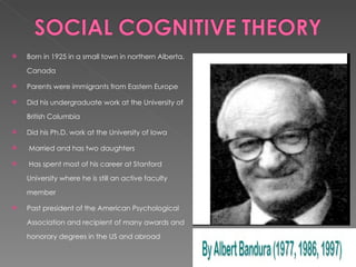 Born in 1925 in a small town in northern Alberta, Canada Parents were immigrants from Eastern Europe Did his undergraduate work at the University of British Columbia Did his Ph.D. work at the University of Iowa   Married and has two daughters   Has spent most of his career at Stanford University where he is still an active faculty member Past president of the American Psychological Association and recipient of many awards and honorary degrees in the US and abroad 