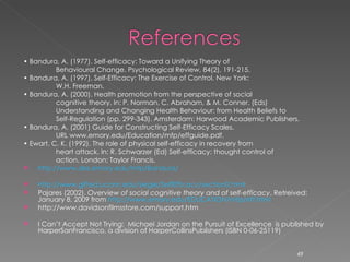 •  Bandura, A. (1977). Self-efficacy: Toward a Unifying Theory of Behavioural Change. Psychological Review, 84(2), 191-215. •  Bandura, A. (1997). Self-Efficacy: The Exercise of Control. New York: W.H. Freeman. •  Bandura, A. (2000). Health promotion from the perspective of social cognitive theory. In: P. Norman, C. Abraham, & M. Conner. (Eds) Understanding and Changing Health Behaviour: from Health Beliefs to  Self-Regulation (pp. 299-343). Amsterdam: Harwood Academic Publishers. •  Bandura, A. (2001) Guide for Constructing Self-Efficacy Scales.  URL www.emory.edu/Education/mfp/effguide.pdf. •  Ewart, C. K. (1992). The role of physical self-efficacy in recovery from heart attack. In: R. Schwarzer (Ed) Self-efficacy: thought control of action. London: Taylor Francis. http://www.des.emory.edu/mfp/Bandura/   http://www.gifted.uconn.edu/siegle/SelfEfficacy/section0.html Pajares (2002).  Overview of social cognitive theory and of self-efficacy . Retreived: January 8, 2009 from  http://www.emory.edu/EDUCATION/mfp/eff.html http://www.davidsonfilmsstore.com/support.htm I Can’t Accept Not Trying:  Michael Jordan on the Pursuit of Excellence  is published by HarperSanFrancisco, a division of HarperCollinsPublishers (ISBN 0-06-25119) 