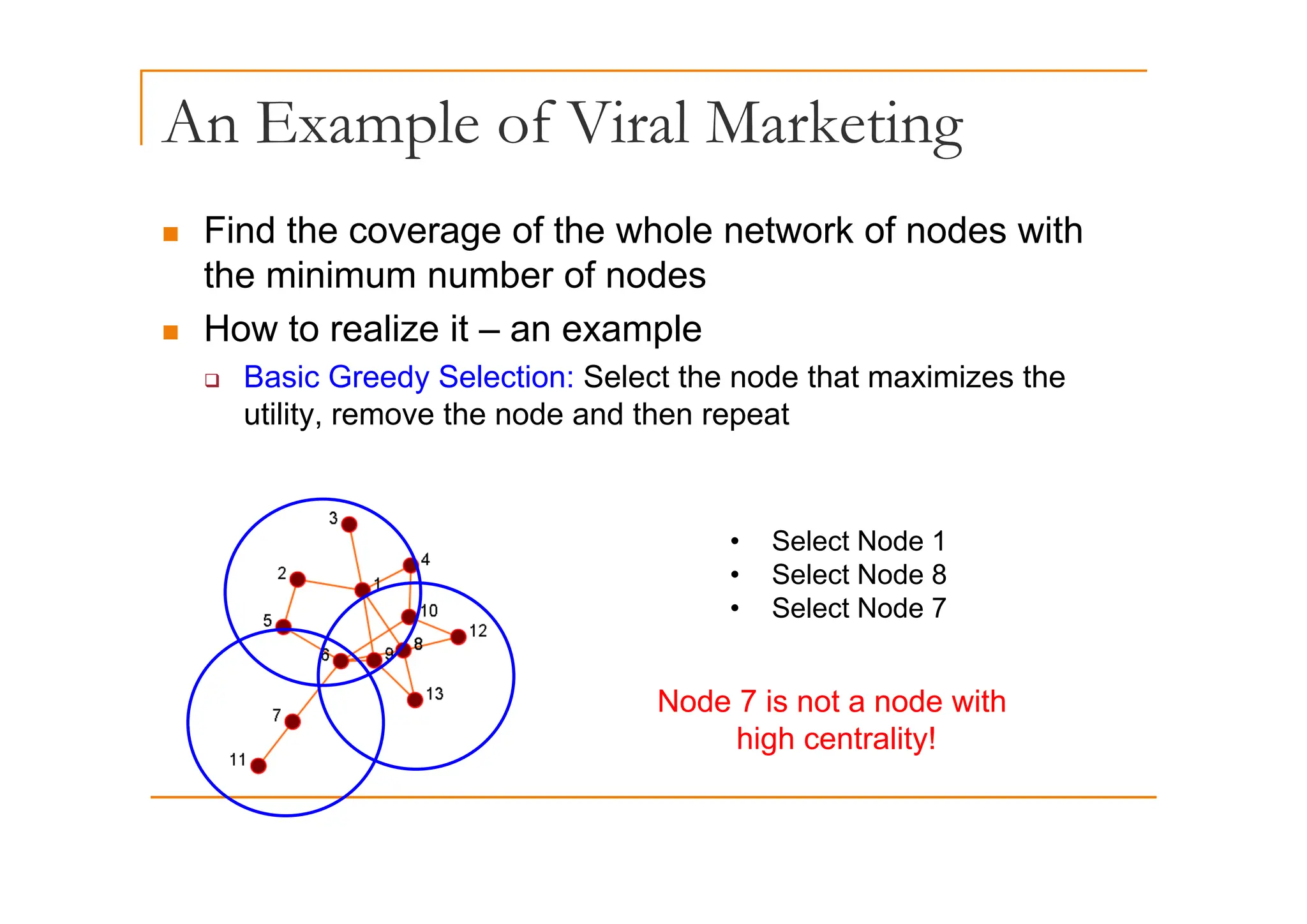An Example of Viral Marketing
p g
„ Find the coverage of the whole network of nodes with
the minimum number of nodes
„ How to realize it – an example
‰ Basic Greedy Selection: Select the node that maximizes the
utility, remove the node and then repeat
• Select Node 1
S l t N d 8
• Select Node 8
• Select Node 7
Node 7 is not a node with
high centrality!
 