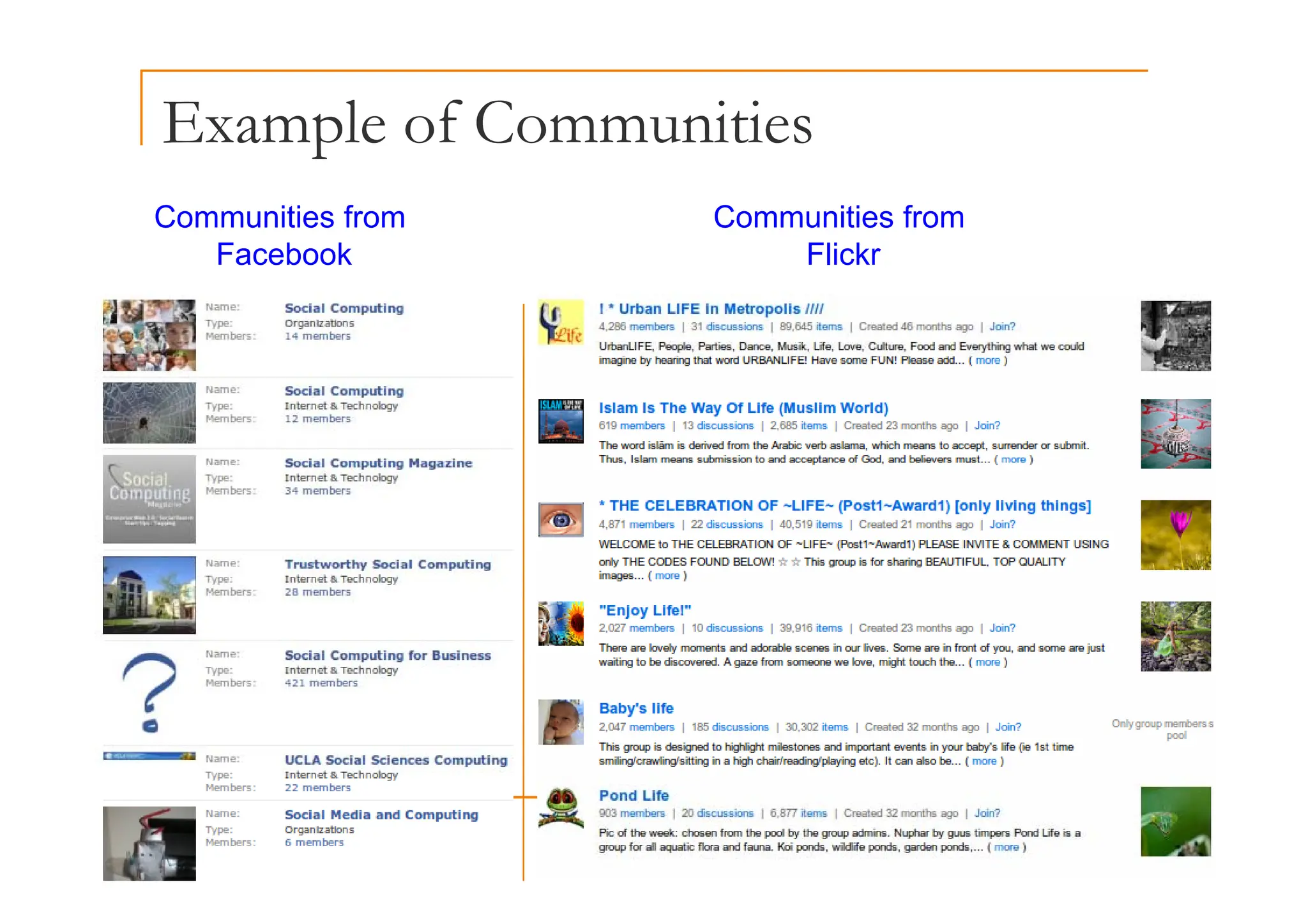 Example of Communities
p
Communities from
Facebook
Communities from
Flickr
Facebook Flickr
 