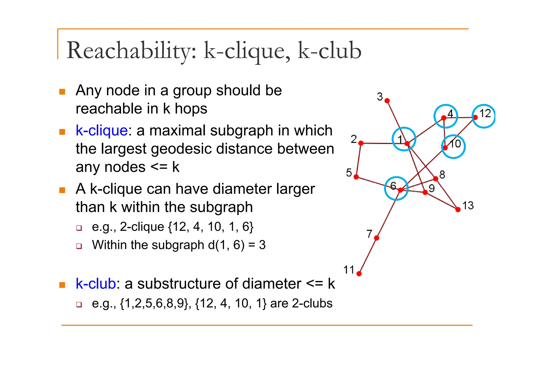 Reachability: k-clique, k-club
y q ,
„ Any node in a group should be
h bl i k h
reachable in k hops
„ k-clique: a maximal subgraph in which
the largest geodesic distance bet een
the largest geodesic distance between
any nodes <= k
„ A k clique can have diameter larger
„ A k-clique can have diameter larger
than k within the subgraph
‰ e.g., 2-clique {12, 4, 10, 1, 6}
g , q { , , , , }
‰ Within the subgraph d(1, 6) = 3
„ k-club: a substructure of diameter <= k
‰ e.g., {1,2,5,6,8,9}, {12, 4, 10, 1} are 2-clubs
 