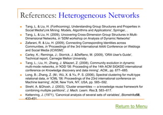 References: Heterogeneous Networks
g
„ Tang, L. & Liu, H. (Forthcoming), Understanding Group Structures and Properties in
Social Media'Link Mining: Models, Algorithms and Applications', Springer, .
g , g pp , p g ,
„ Tang, L. & Liu, H. (2009), Uncovering Cross-Dimension Group Structures in Multi-
Dimensional Networks, in 'SDM workshop on Analysis of Dynamic Networks'
„ Zafarani, R. & Liu, H. (2009), Connecting Corresponding Identities across
( ) g p g
Communities, in 'Proceedings of the 3rd International AAAI Conference on Weblogs
and Social Media (ICWSM)'.
„ Carley, K.; Reminga, J.; Storrick, J. &DeReno, M. (2009), 'ORA User's Guide',
T h i l t C i M ll U i it
Technical report, Carnegie Mellon University.
„ Tang, L.; Liu, H.; Zhang, J. &Nazeri, Z. (2008), Community evolution in dynamic
multi-mode networks, in 'KDD '08: Proceeding of the 14th ACM SIGKDD international
conference on Knowledge discovery and data mining' ACM pp 677--685
conference on Knowledge discovery and data mining , ACM,, pp. 677--685.
„ Long, B.; Zhang, Z. (M.; Wú, X. & Yu, P. S. (2006), Spectral clustering for multi-type
relational data, in 'ICML '06: Proceedings of the 23rd international conference on
Machine learning', ACM, New York, NY, USA, pp. 585--592.
g , , , , , pp
„ Strehl, A. &Ghosh, J. (2003), 'Cluster ensembles --- a knowledge reuse framework for
combining multiple partitions', J. Mach. Learn. Res.3, 583--617.
„ Kettenring, J. (1971), 'Canonical analysis of several sets of variables', Biometrika58,
433-451.
Return to Menu
 