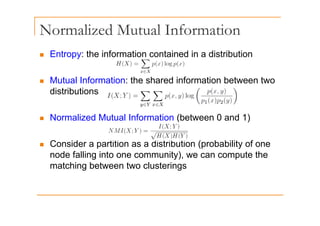 Normalized Mutual Information
„ Entropy: the information contained in a distribution
„ Mutual Information: the shared information between two
distributions
„ Normalized Mutual Information (between 0 and 1)
„ Consider a partition as a distribution (probability of one
node falling into one community), we can compute the
matching between two clusterings
matching between two clusterings
 