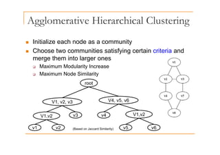 Agglomerative Hierarchical Clustering
gg g
„ Initialize each node as a community
„ Initialize each node as a community
„ Choose two communities satisfying certain criteria and
merge them into larger ones
merge them into larger ones
‰ Maximum Modularity Increase
‰ Maximum Node Similarity
root
V4, v5, v6
V1, v2, v3
V1 2
V1,v2
v1 v2
v3
v5 v6
v4 V1,v2
(Based on Jaccard Similarity)
( y)
 