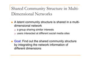 Shared Community Structure in Multi-
y
Dimensional Networks
„ A latent community structure is shared in a multi-
di i l t k
dimensional network
‰ a group sharing similar interests
‰ users interacted at different social media sites
„ Goal: Find out the shared community structure
by integrating the network information of
different dimensions
 