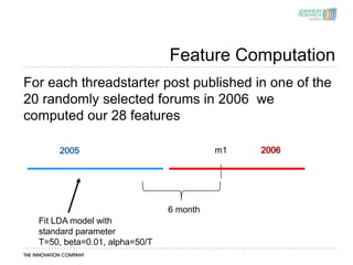Feature Computation
For each threadstarter post published in one of the
20 randomly selected forums in 2006 we
computed our 28 features

                                          m1




                                6 month
  Fit LDA model with
  standard parameter
  T=50, beta=0.01, alpha=50/T
 