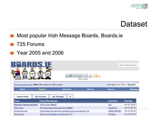 Dataset
Most popular Irish Message Boards, Boards.ie
725 Forums
Year 2005 and 2006
 