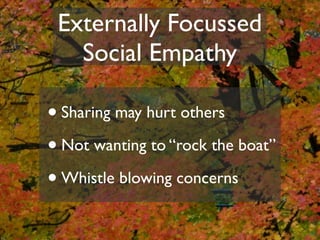 Externally Focussed
   Social Empathy

• Sharing may hurt others
• Not wanting to “rock the boat”
• Whistle blowing concerns
 