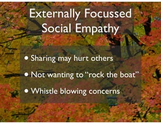 Externally Focussed
   Social Empathy

• Sharing may hurt others
• Not wanting to “rock the boat”
• Whistle blowing concerns
 
