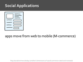 Social Applications
http://socialcommercetoday.com/the-6-dimensions-of-social-commerce-rated-and-reviewed/
apps move from ...