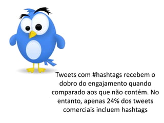 Tweets com #hashtags recebem o
   dobro do engajamento quando
comparado aos que não contém. No
  entanto, apenas 24% dos tweets
    comerciais incluem hashtags
 