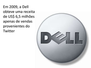 Em 2009, a Dell
obteve uma receita
de US$ 6,5 milhões
apenas de vendas
provenientes do
Twitter
 