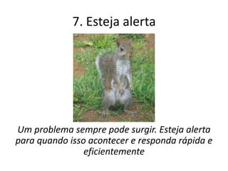 7. Esteja alerta




Um problema sempre pode surgir. Esteja alerta
para quando isso acontecer e responda rápida e
                eficientemente
 