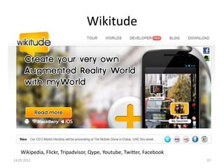 Wikitude

Wikipedia, Flickr, Tripadvisor, Qype, Youtube, Twitter, Facebook
14.05.2012

37

 