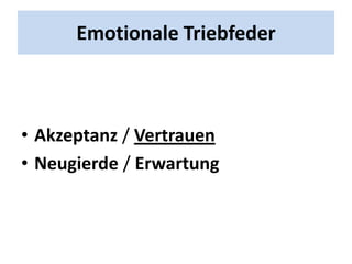 Emotionale Triebfeder



• Akzeptanz / Vertrauen
• Neugierde / Erwartung
 