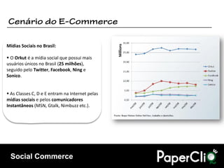 Mídias Sociais no Brasil:

 O Orkut é a mídia social que possui mais
usuários únicos no Brasil (25 milhões),
seguido pelo Twitter, Facebook, Ning e
Sonico.


 As Classes C, D e E entram na Internet pelas
mídias sociais e pelos comunicadores
Instantâneos (MSN, Gtalk, Nimbuzz etc.).




 Social Commerce
 