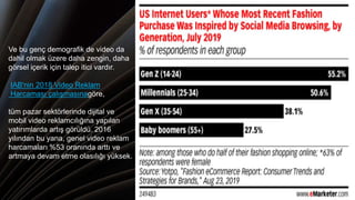 Ve bu genç demografik de video da
dahil olmak üzere daha zengin, daha
görsel içerik için talep itici vardır.
IAB'nin 2018 Video Reklam
Harcaması çalışmasınagöre,
tüm pazar sektörlerinde dijital ve
mobil video reklamcılığına yapılan
yatırımlarda artış görüldü. 2016
yılından bu yana, genel video reklam
harcamaları %53 oranında arttı ve
artmaya devam etme olasılığı yüksek.
 