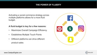 www.CatalystDigital.com
THE POWER OF FLUIDITY
Activating a social commerce strategy across
multiple platforms allows for a more fluid
budget.
A fluid budget is key for a few reasons:
• Maximizes Overall Campaign Efficiency
• Establishes Multiple Touch Points
• Different platforms can drive different
product sales
 