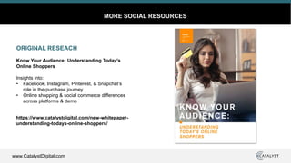 www.CatalystDigital.com
https://www.catalystdigital.com/new-whitepaper-
understanding-todays-online-shoppers/
MORE SOCIAL RESOURCES
ORIGINAL RESEACH
Know Your Audience: Understanding Today’s
Online Shoppers
Insights into:
• Facebook, Instagram, Pinterest, & Snapchat’s
role in the purchase journey
• Online shopping & social commerce differences
across platforms & demo
 